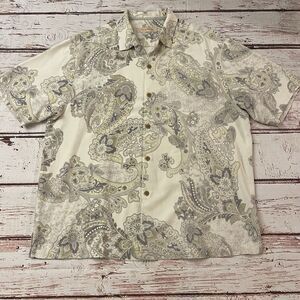 Tommy Bahama Men's XL Button Up Shirt Beige Paisley Print Short‎ Sleeve 100 Silk